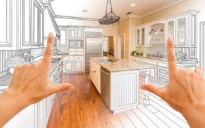 Hands Framing Gradated Custom Kitchen Design Drawing and Photo Combination.