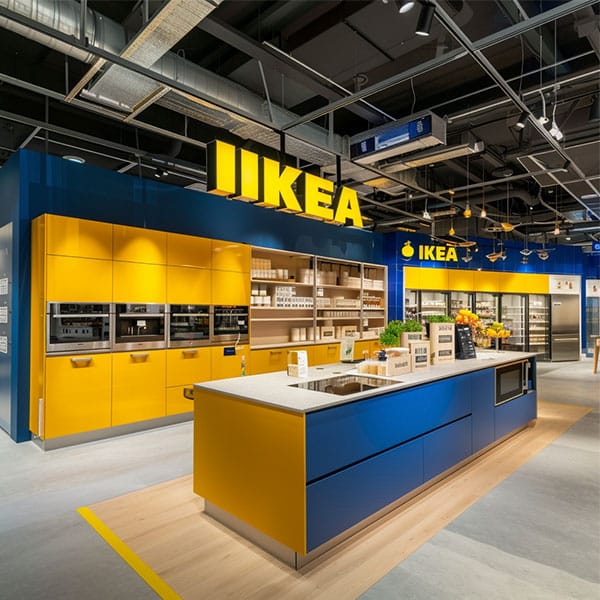 IKEA store display featuring a kitchen with bold yellow and navy cabinet fronts and a central island