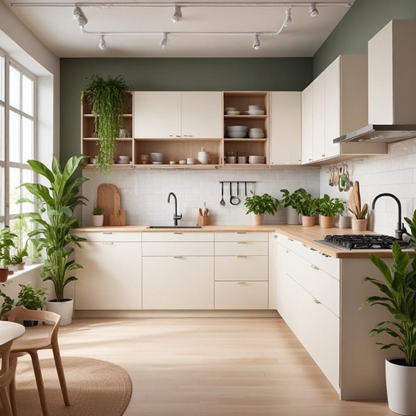 Modern kitchen with IKEA cabinets and indoor plants.