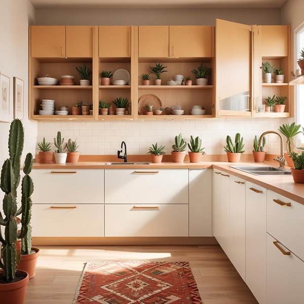 Bright kitchen with custom IKEA cabinets and plants.